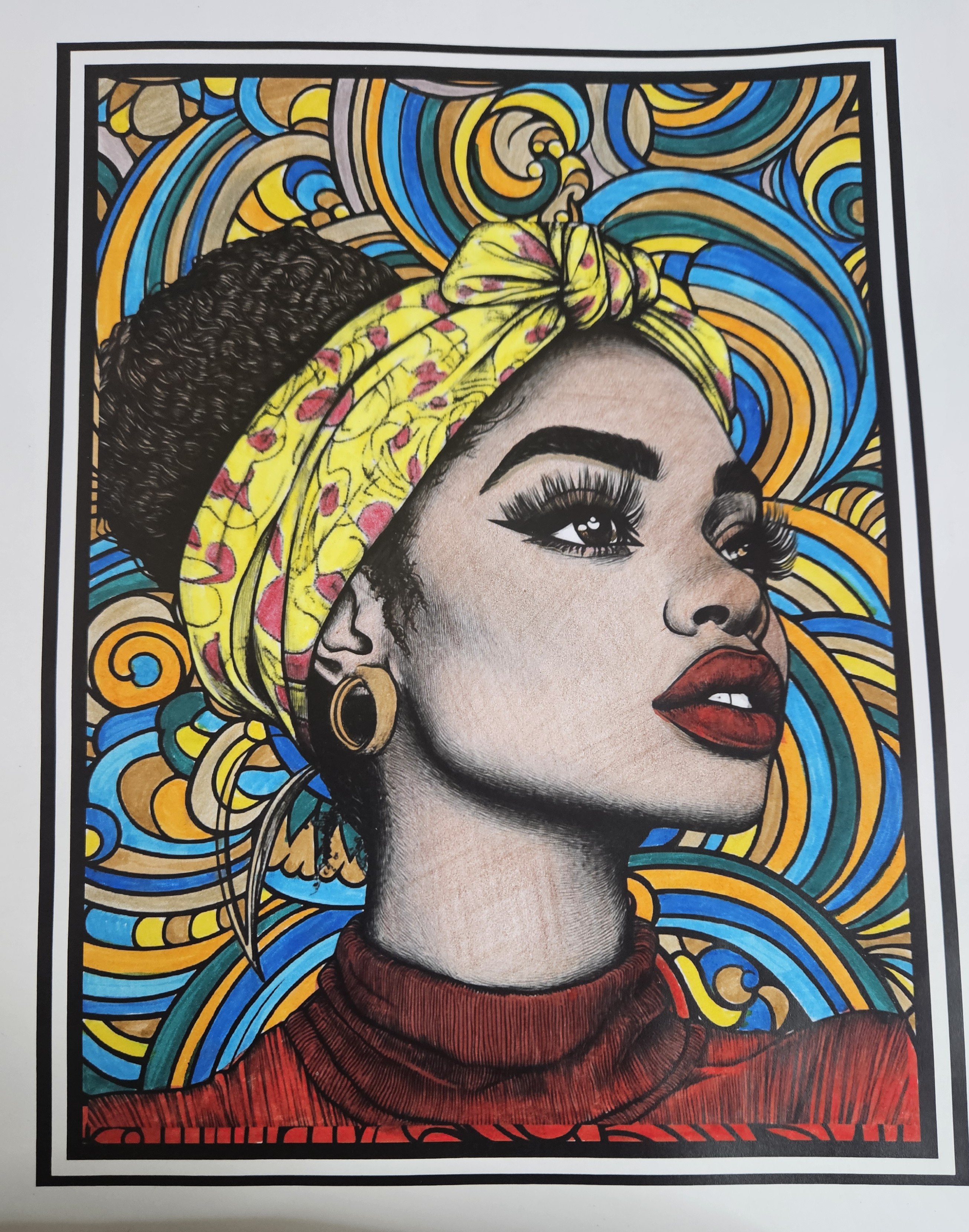 Colored Color With Marenda page featuring a Black woman in a yellow headwrap